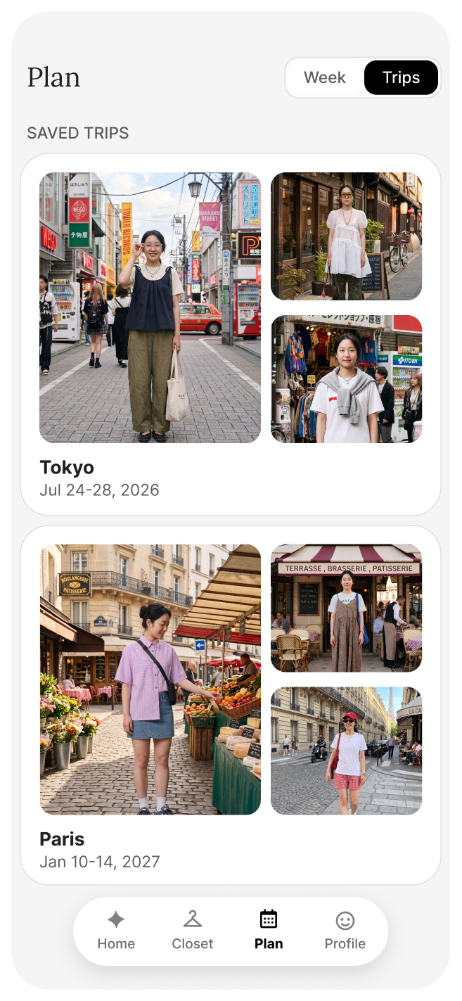 The Plan screen in Style Sketch, showing saved trips to Tokyo and Paris, each already holding a set of outfits assembled for the dates.